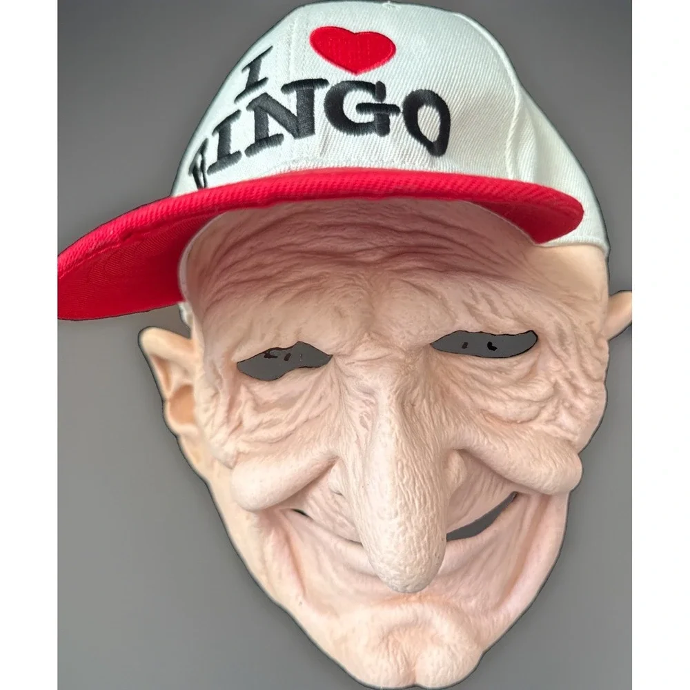 Old Man Adult Latex Full Face Mask " I ❤️Bingo"  Hat Creepy Face With Ball Cap - Picture 2 of 11